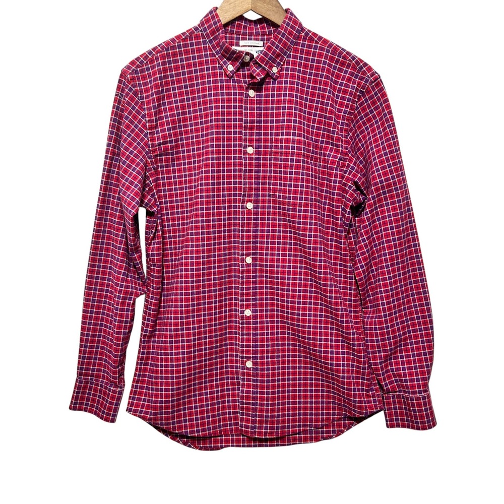 Old Navy Men Oxford‎ Shirt M Red Blue Check Stretch Slim Fit Preppy Academia